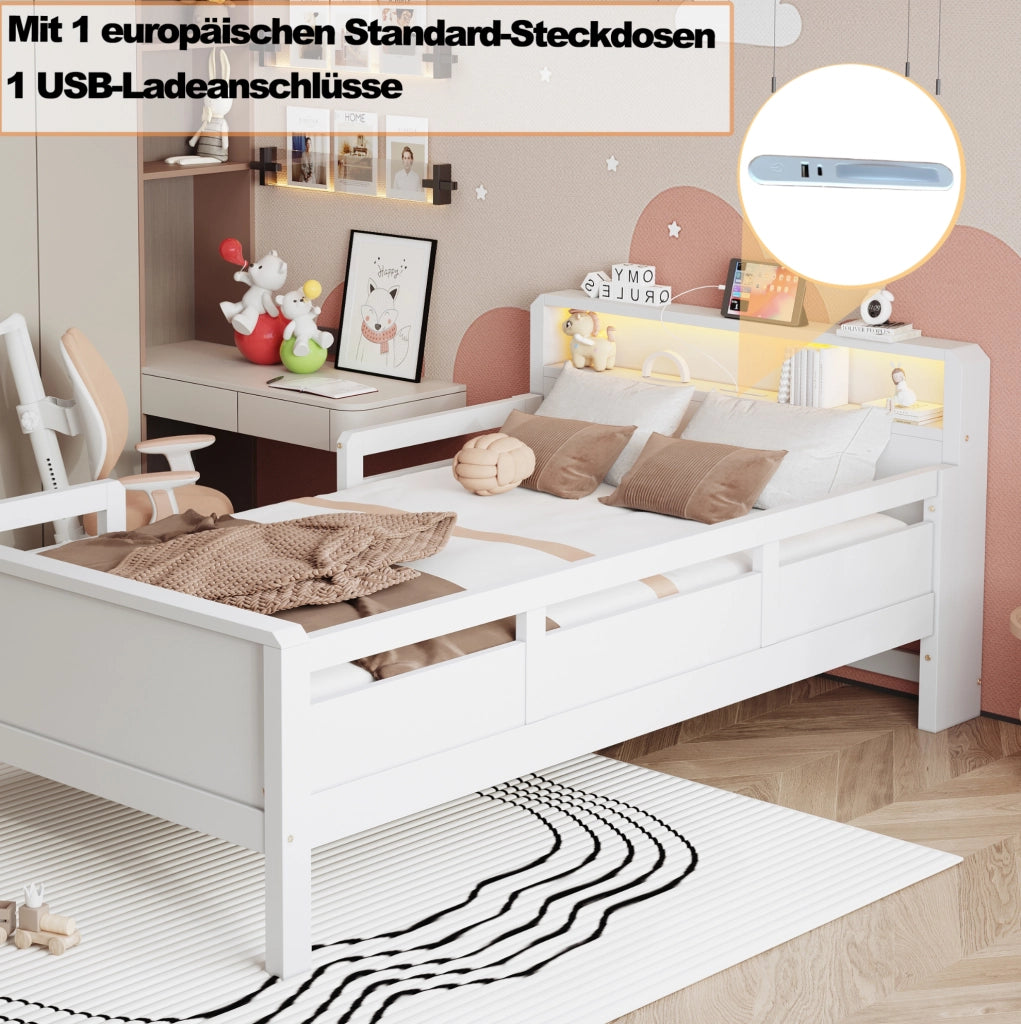 Letto singolo multifunzione 90x200 cm in legno di pino; bianco; con LED e porta USB-C