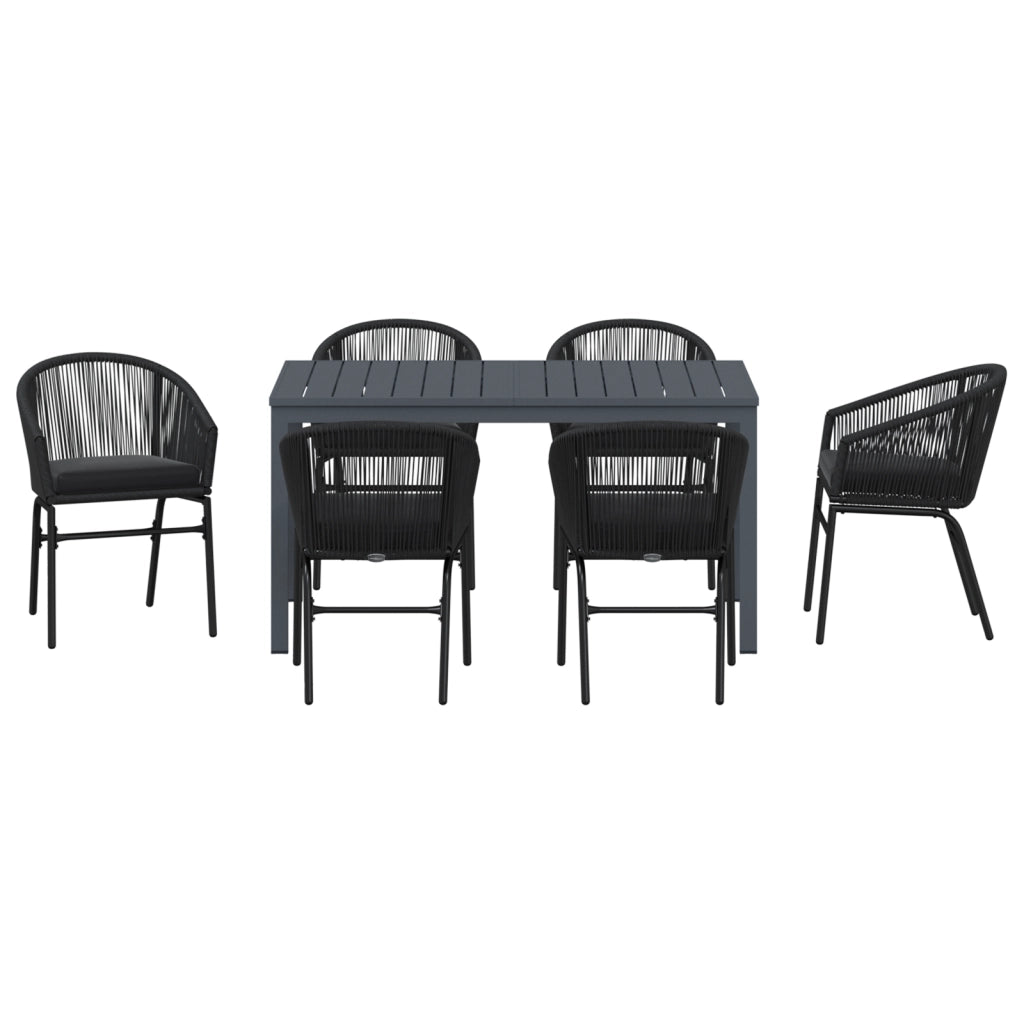 Set pranzo giardino 7 pezzi con cuscini neri in polirattan