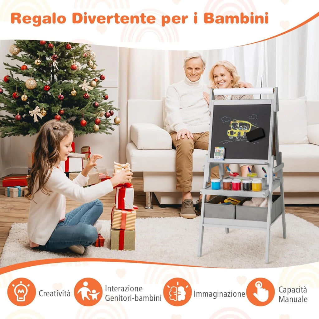 3 in 1 Cavalletto per Bambini, Cavalletto con Doppia Faccia Magnetica e Lavagna Bianca, Rotolo di Carta, 3 Bicchieri per Vernice e 2 Cestini in Tessuto, per Bambini 3-6 Anni (Grigio)
