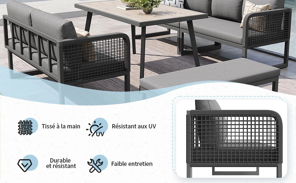 Set da giardino con cuscini di alta qualit¨¤ - Zephmum- Per 6-8 persone, in rattan PE intrecciato a mano, resistente alle intemperie, grigio