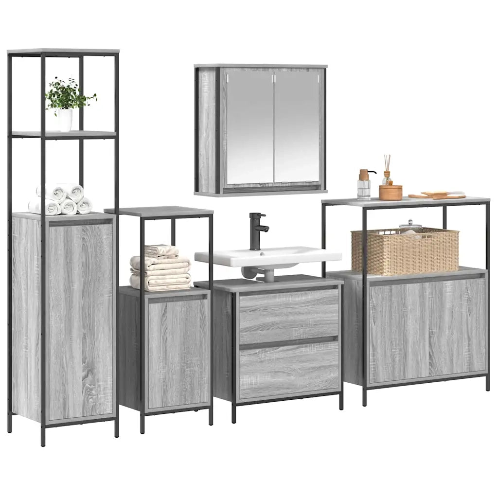 Set di mobili per il Bagno | Armadio da bagno 5 pz Grigio Legno multistrato