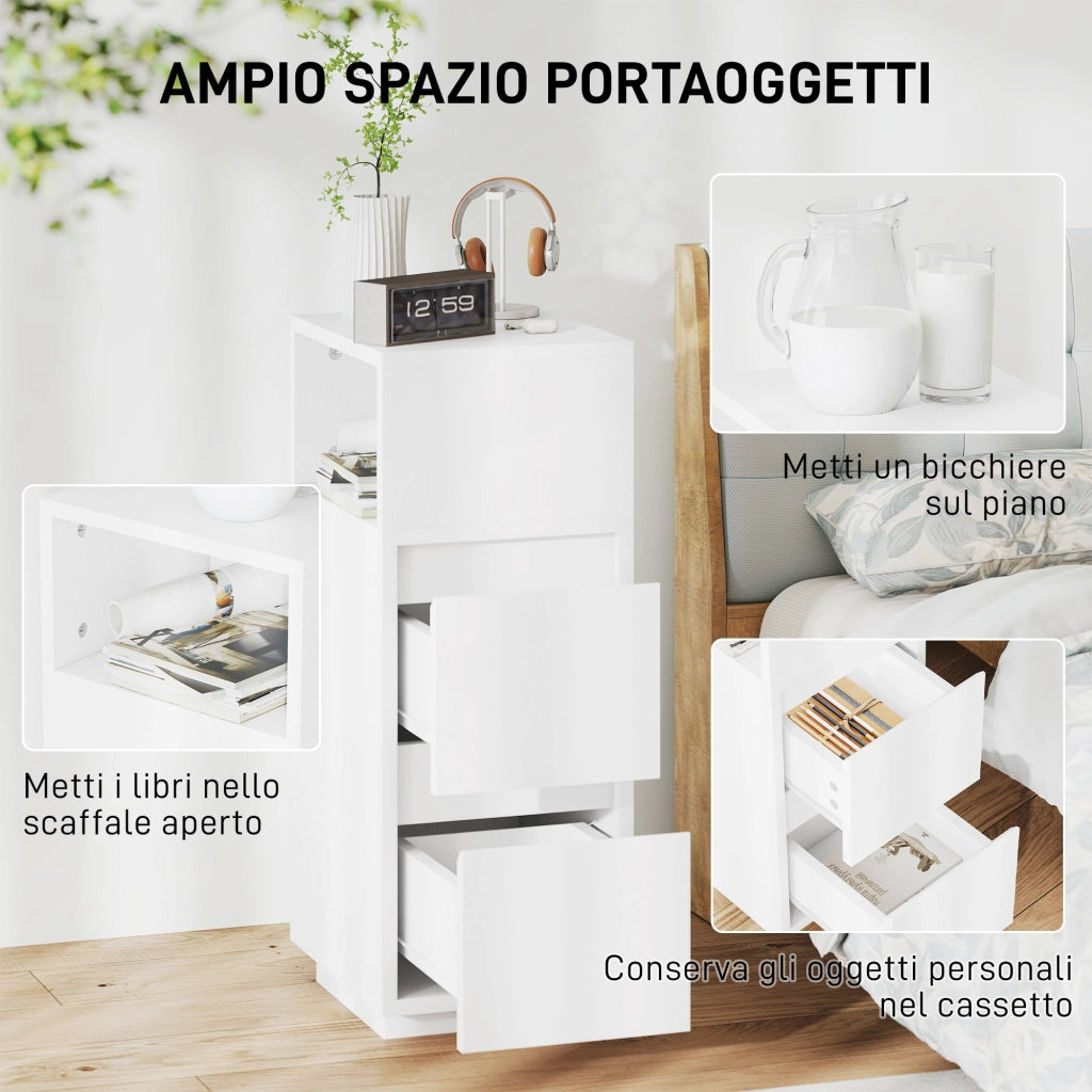 Set di 2 Comodini con 2 Cassetti e Ripiano Aperto Moderni e Salvaspazio, 25x30x65 cm, Bianco