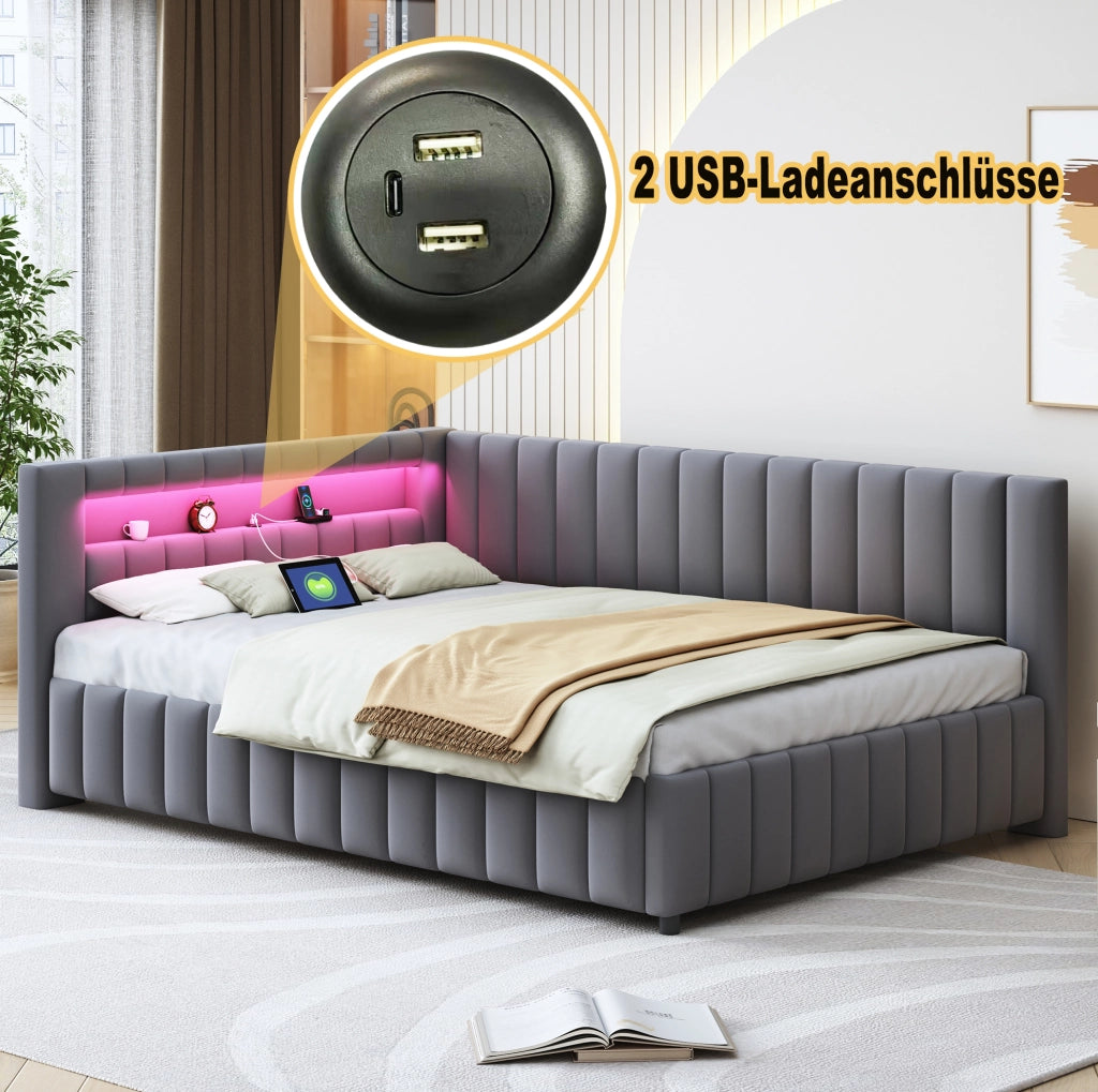 Divano letto imbottito a L 140x200 in velluto con LED e USB Grigio