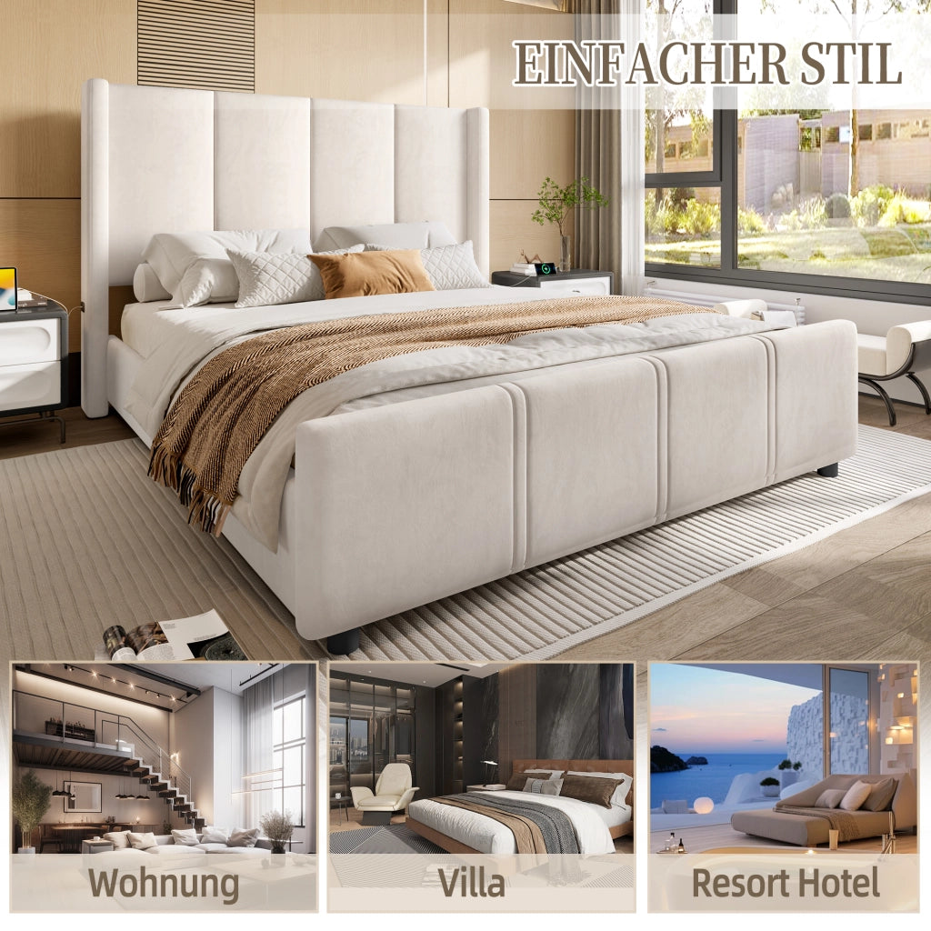 OKWISH Letto Imbottito 140×200 cm, Letto Matrimoniale con USB e Tipo C, Testiera Alta, senza Materasso, in Velluto, Beige