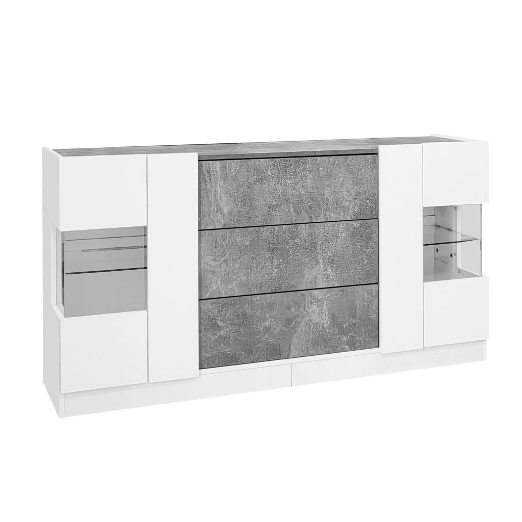 Credenza con LED, 2 ante e 3 cassetti effetto marmo 140 cm