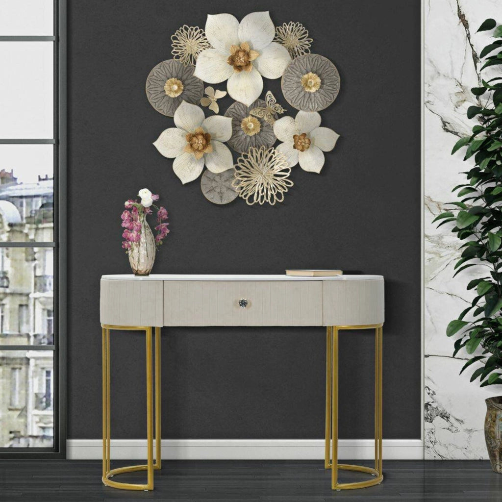 Consolle Abstraktes , Tavolo multiuso, Mobiletto d'appoggio, Scrivania da corridoio, 100x40 h75 cm, Crema e Bianco