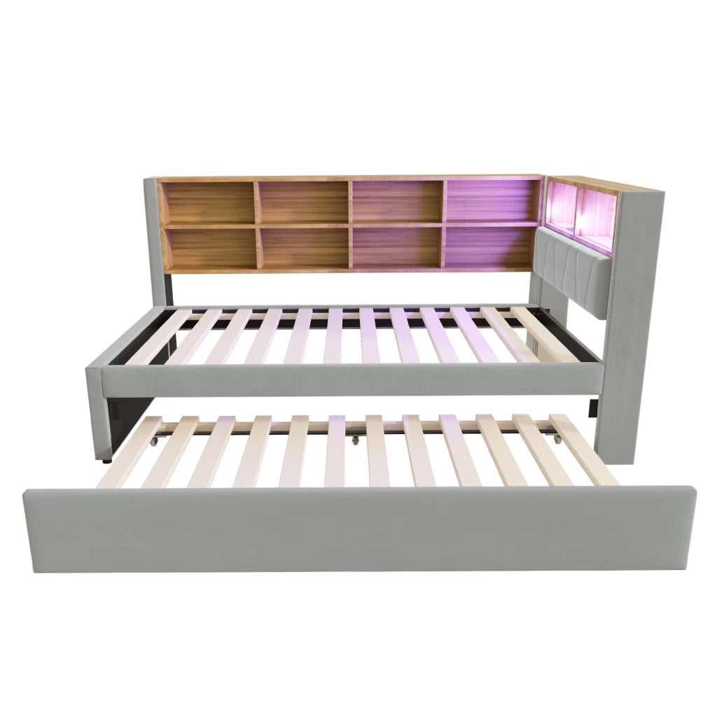 Letto estraibile 2 posti 90×200 cm e 90×190 cm con LED; USB; Type-C; ripiani; senza materasso; grigio chiaro