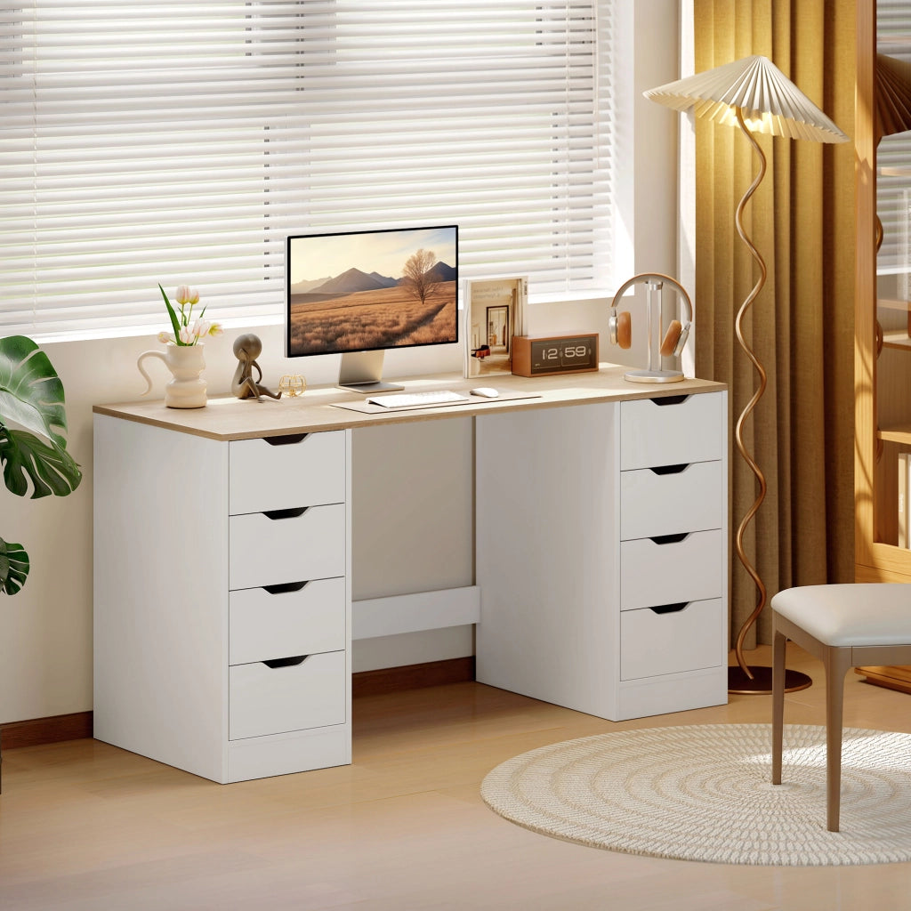 Scrivania 140 cm con 8 cassetti ¨C Xylo ¨C legno e metallo bianco per ufficio e camera