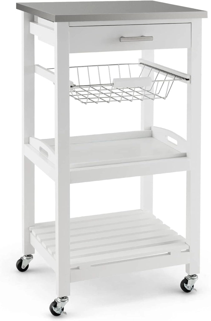 Carrello da Cucina a Rotelle con Mensole, Cassetto, Carrello di Servizio, Stile Moderno per Cucina e Soggiorno, 47x39x85 cm, Bianco/Nero (Bianco)