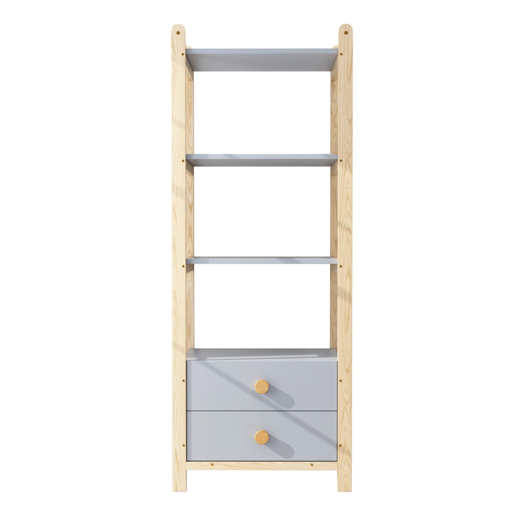 Libreria a 4 livelli con 2 cassetti blu e legno 70x45x180,5 cm