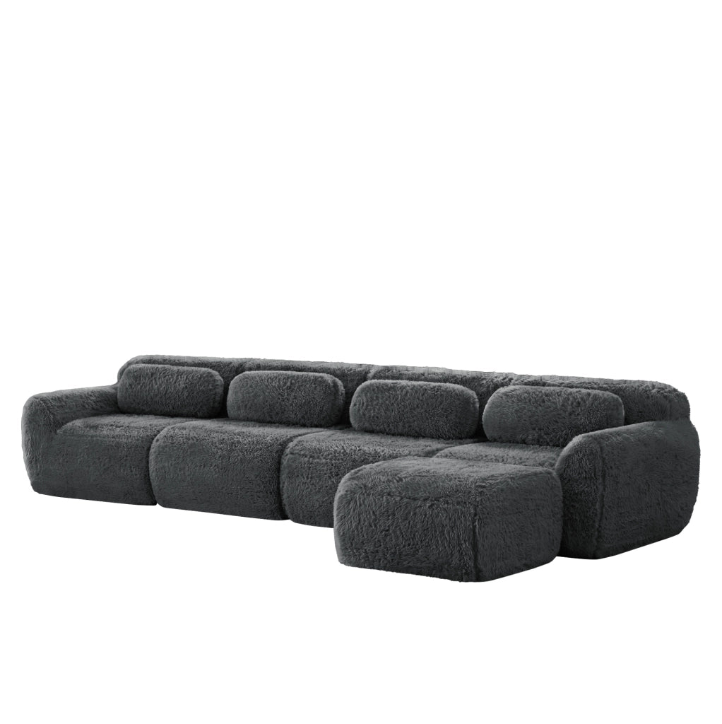 Divano angolare modulare 4 posti in tessuto plush grigio HOMVRA
