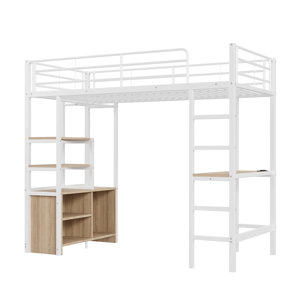Letto a castello 90x200 cm con scrivania e ripiani; metallo bianco (Senza materasso)