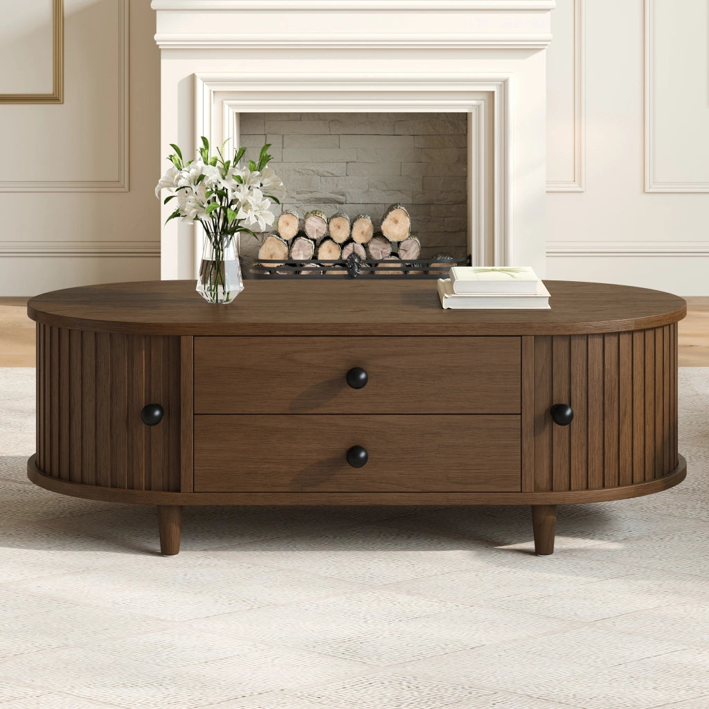 Tavolino, ante scorrevoli, 2 cassetti, in MDF, gambe in legno, 100 x 50 x 36 cm, color noce