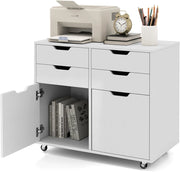 Cassettiera da Ufficio con 4 Cassetti e 2 Ante, Armadietto da Studio in Legno con 5 Ruote Universali, Mobile Porta Stampante Salvaspazio, per Soggiorno, 73 x 40 x 64,5 cm, Bianco (Bianco)