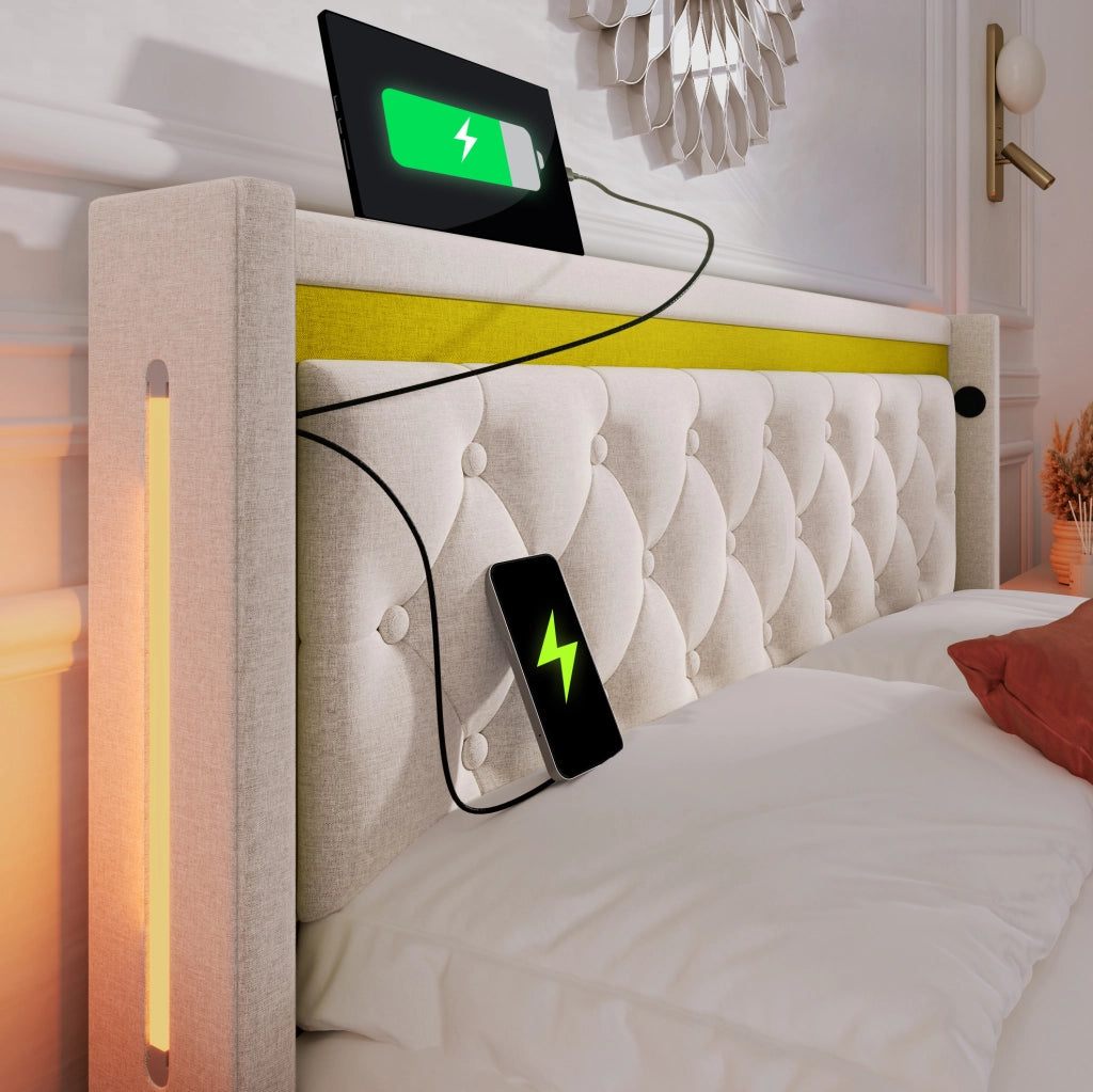 Letto imbottito 140x200 beige con materasso, LED, USB-C e vano contenitore