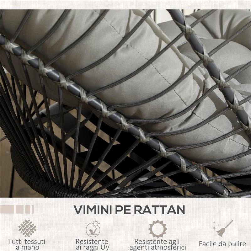 POLTRONA SOSPESA IN RATTAN PE CON CUSCINO, SEDUTA PIEGHEVOLE E STRUTTURA IN ACCIAIO, GRIGIO