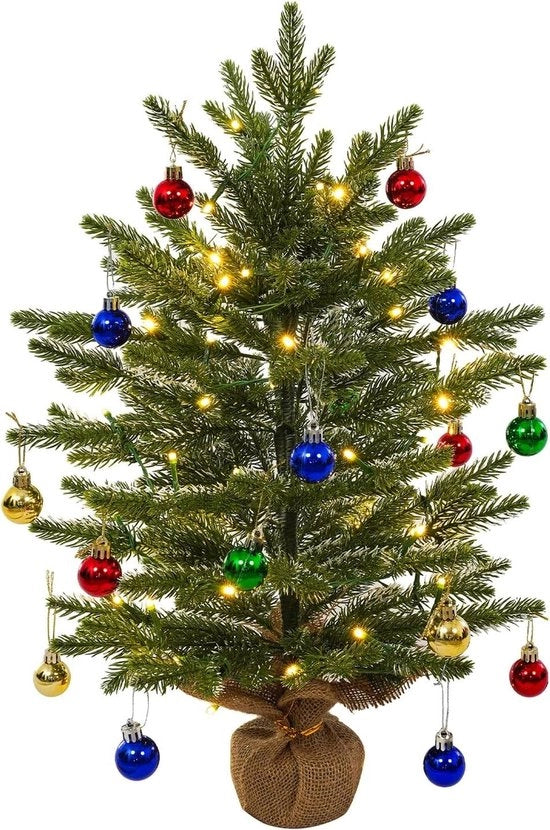 Albero di Natale Artificiale da 60cm con 50 Luci a LED, 18 Palle Decorative e Base di Juta