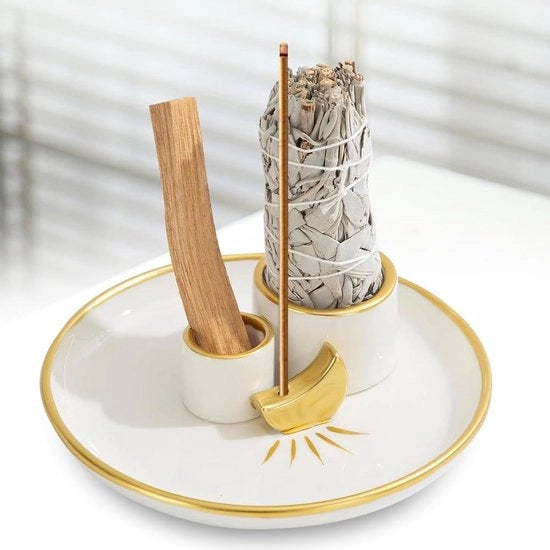 Supporto per candela per Palo Santo e salvia bianca - progetto ceramico 4-in-1 per candele di incenso - ideale per yoga e meditazione.