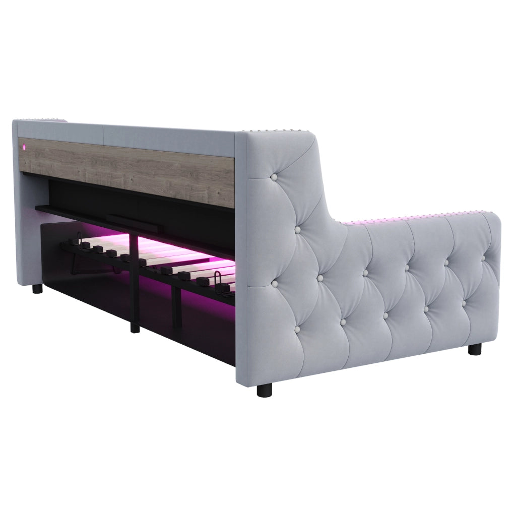 Divano letto imbottito 90x200 cm in velluto grigio chiaro con contenitore; LED e prese
