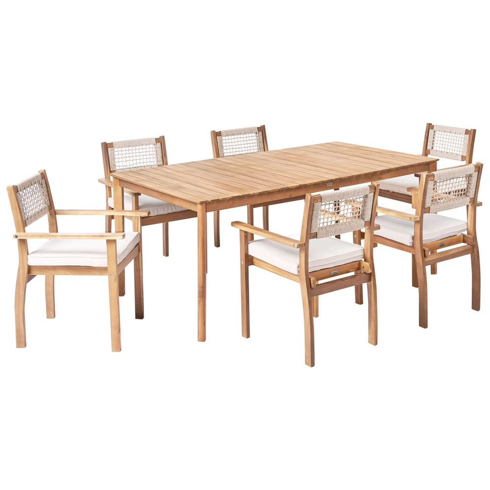 Set da pranzo da giardino con 6 sedie e tavolo marrone chiaro in legno di acacia con piano rettangolare in stile rustico da esterno