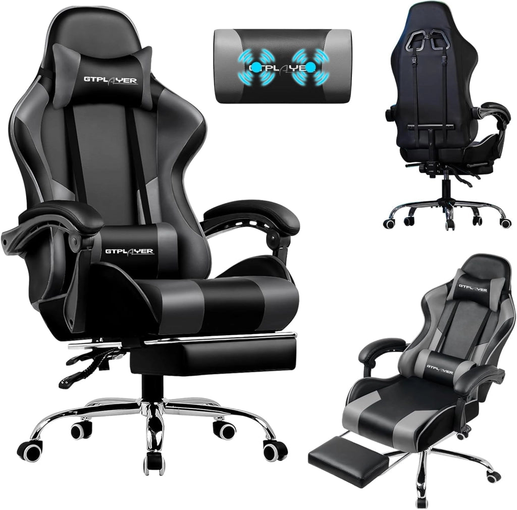 Sedia da Gaming Massaggiante ed Ergonomica con Schienale Regolabile, Poggiapiedi e Supporto Lombare - Reclinabile, Blu
