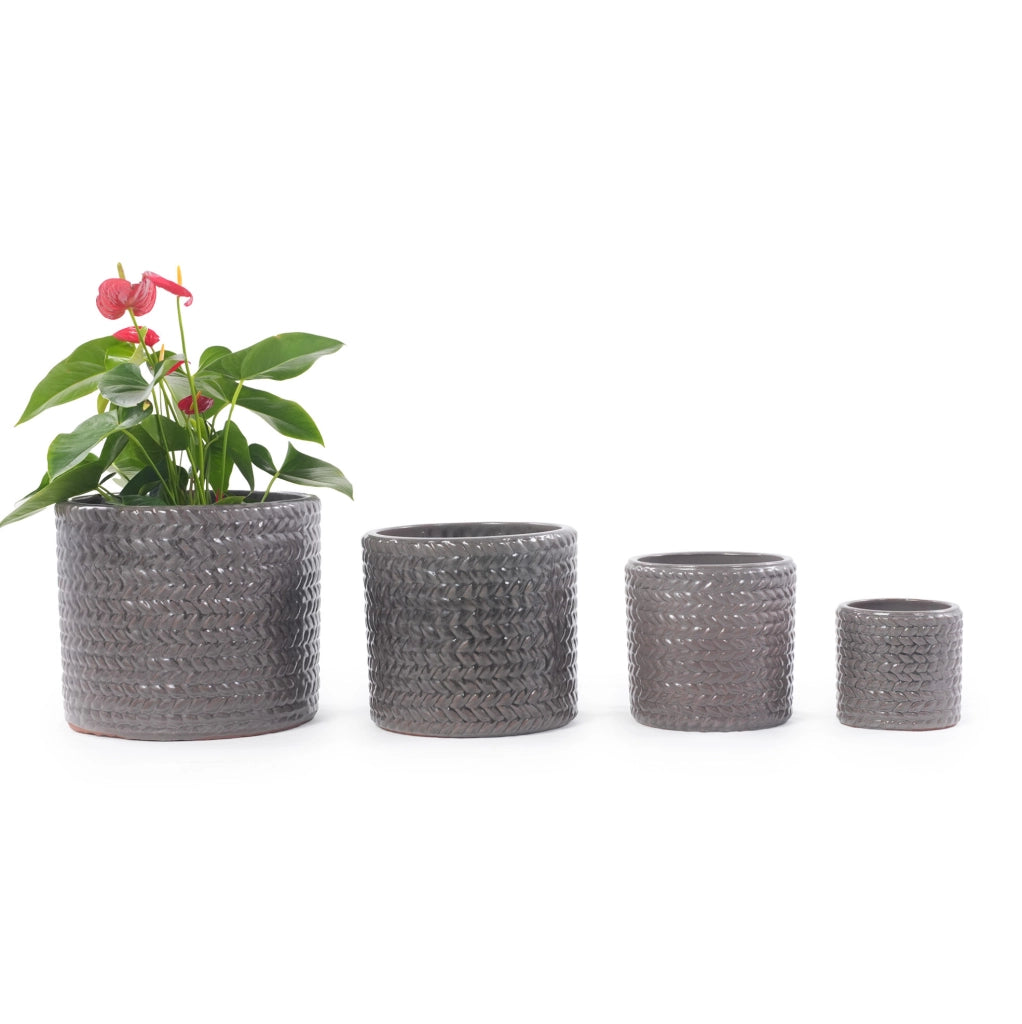 VASO in Ceramica  24,5 cm Grigio Lucido con Foro di Drenaggio