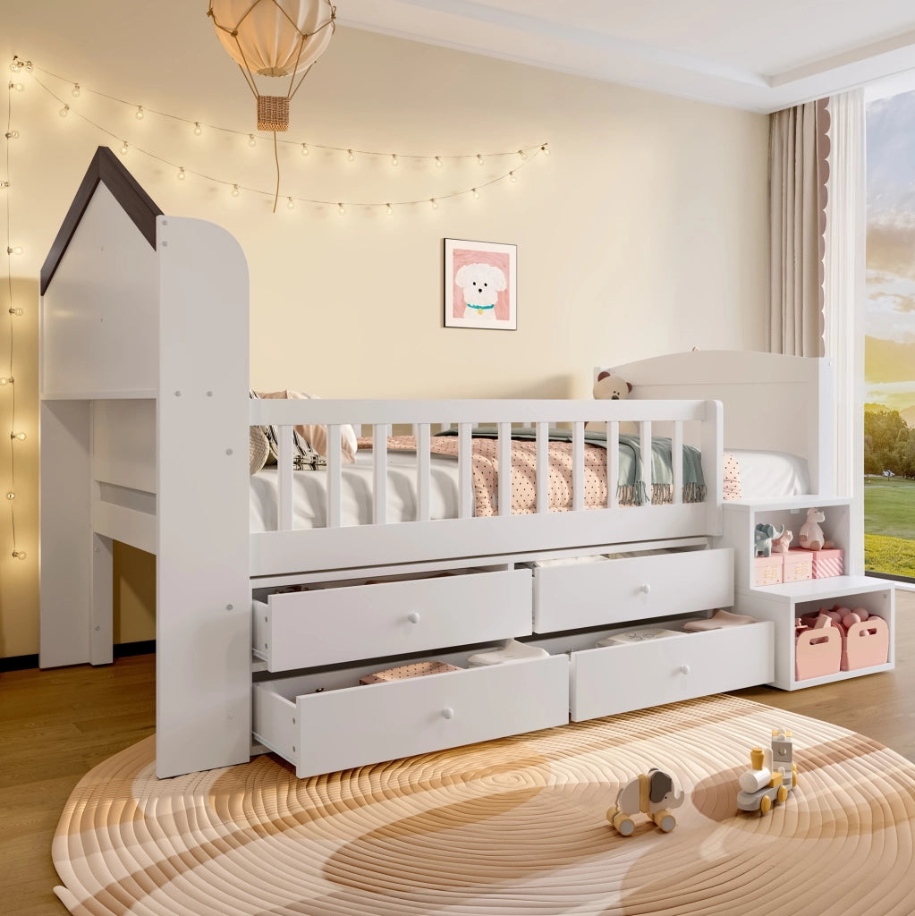 Letto a soppalco 90x200 cm con LED e spazio portaoggetti in legno bianco