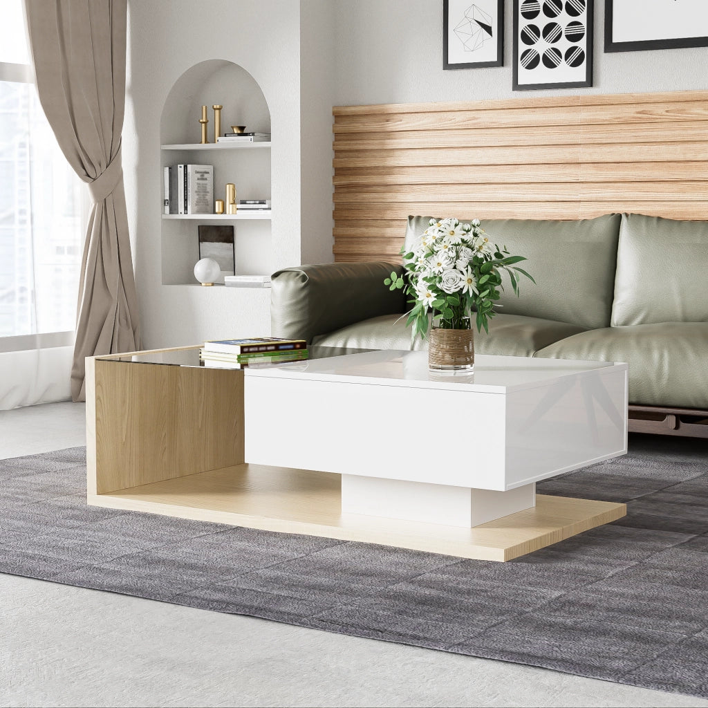 TAVOLINO DA SALOTTO 105x55 cm Bianco lucido e legno con vetro e LED