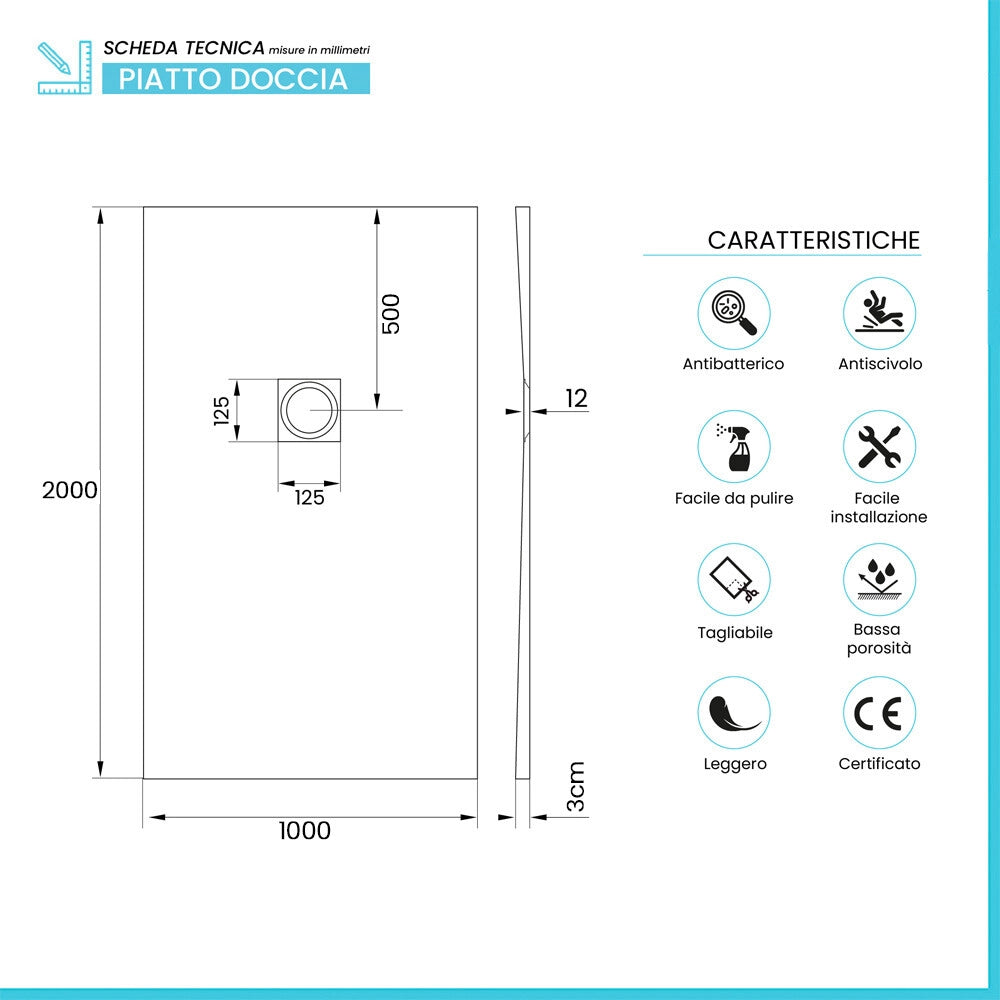 Piatto doccia 100x200 in marmoresina effetto pietra grigio riducibile Ten