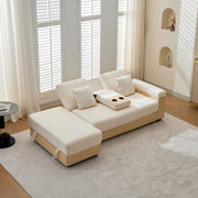 Divano letto con schienale reclinabile, spazio contenitore e portabicchieri, in chenille beige 217 × 110 × 90 cm
