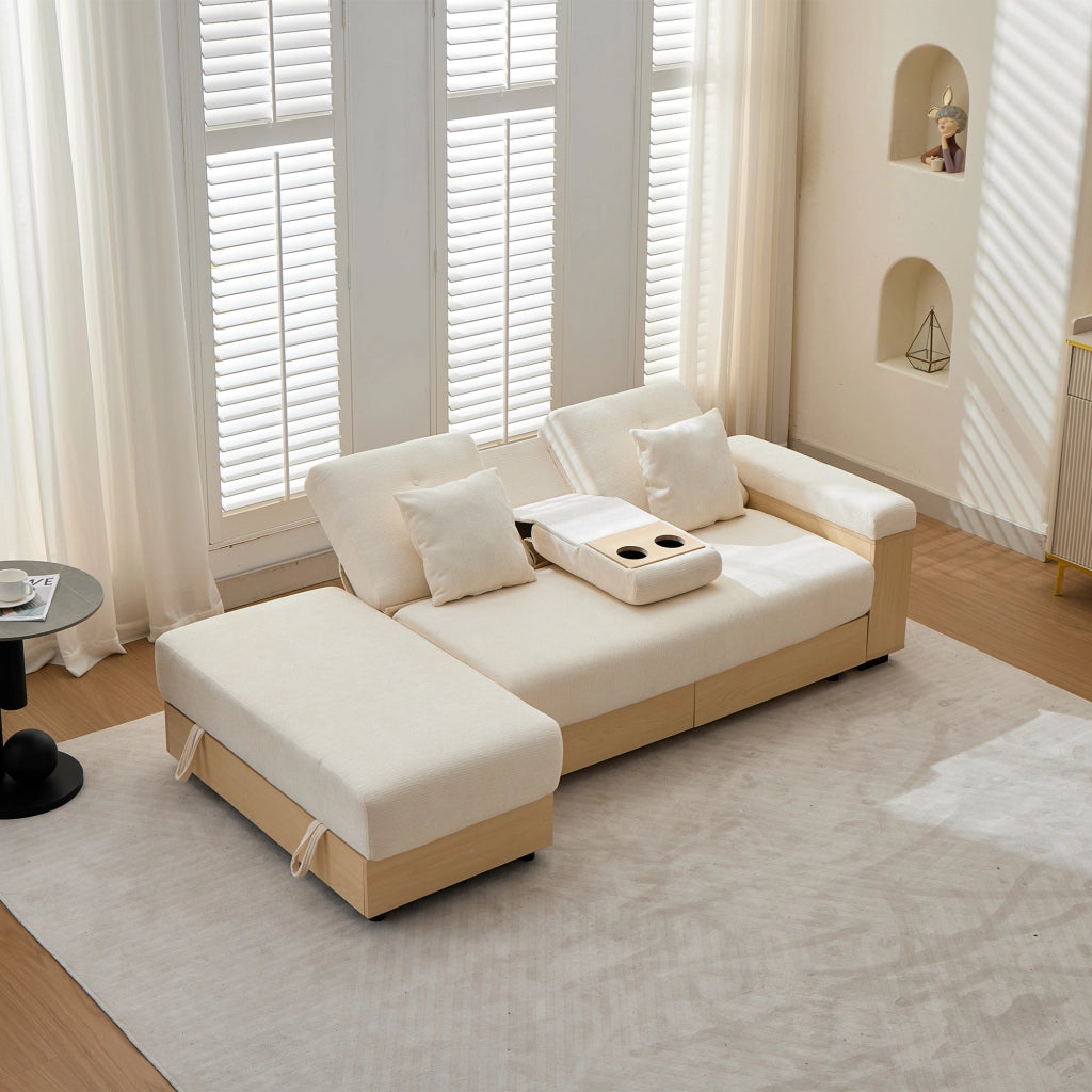 Divano letto con schienale reclinabile, spazio contenitore e portabicchieri, in chenille beige 217 × 110 × 90 cm