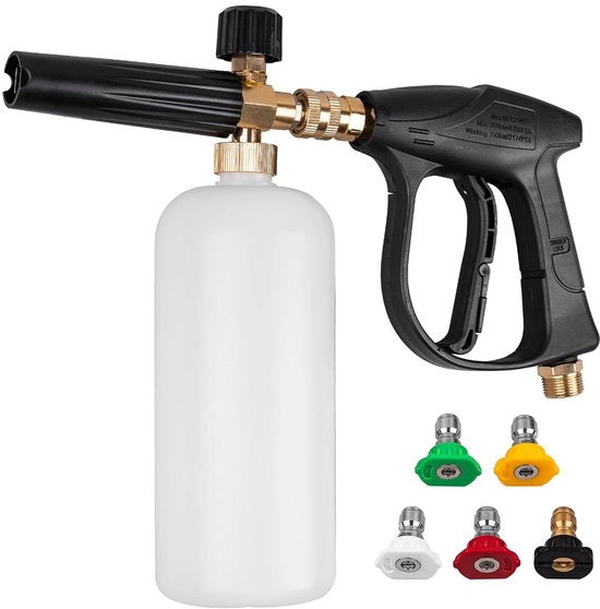 Spazzolatore ad alta pressione con canna a spruzzo corta, cannone di schiuma con connessione rapida 1/4 pollici, spazzolatore ad alta pressione con 5 getti ad alta pressione, connessione di ingresso M22-14 mm.