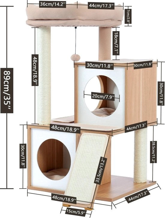 Sistema per Animali di Compagnia a 3 Livelli in Legno - Beige - Casa per Gatti - Torre di Scala