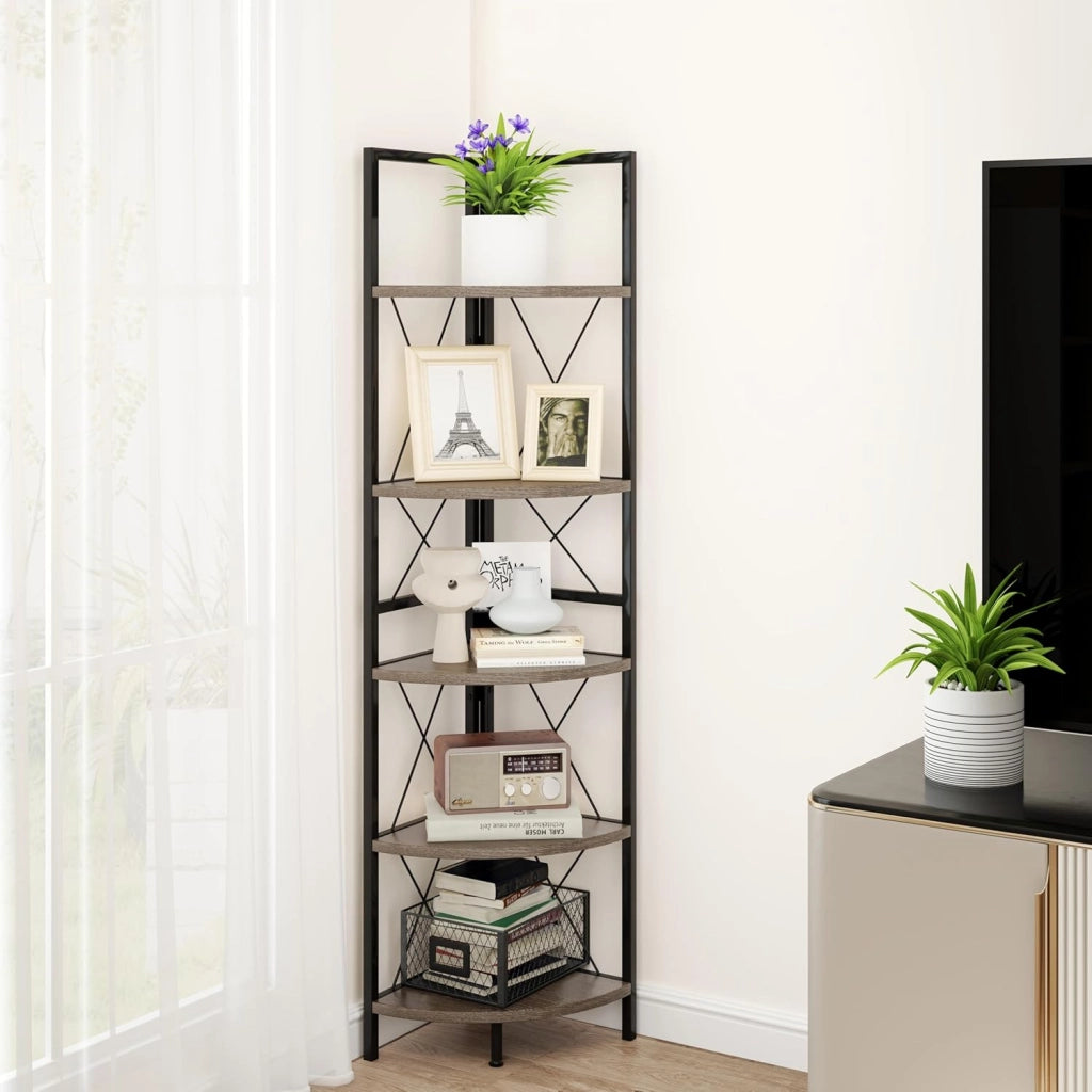 Mensola Angolare a 5 Ripiani, Scaffale Industriale con Struttura, Unità di Stoccaggio Multiuso per Soggiorno, Camera da Letto e Cucina, Marrone/Grigio (Grigio Rovere)