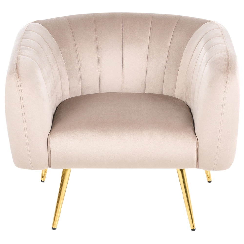 Poltrona Velluto Tortora Struttura in Metallo Dorato con Schienale Tondo Stile Glamour elegante
