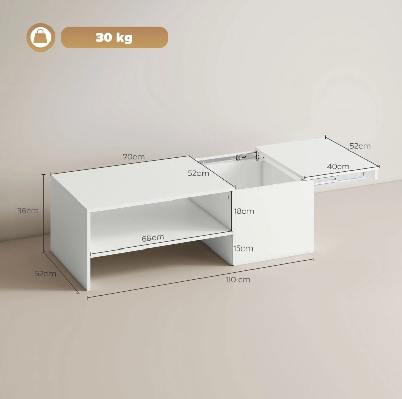 TAVOLINO da Salotto Regolabile 110x52x36 cm Legno Bianco