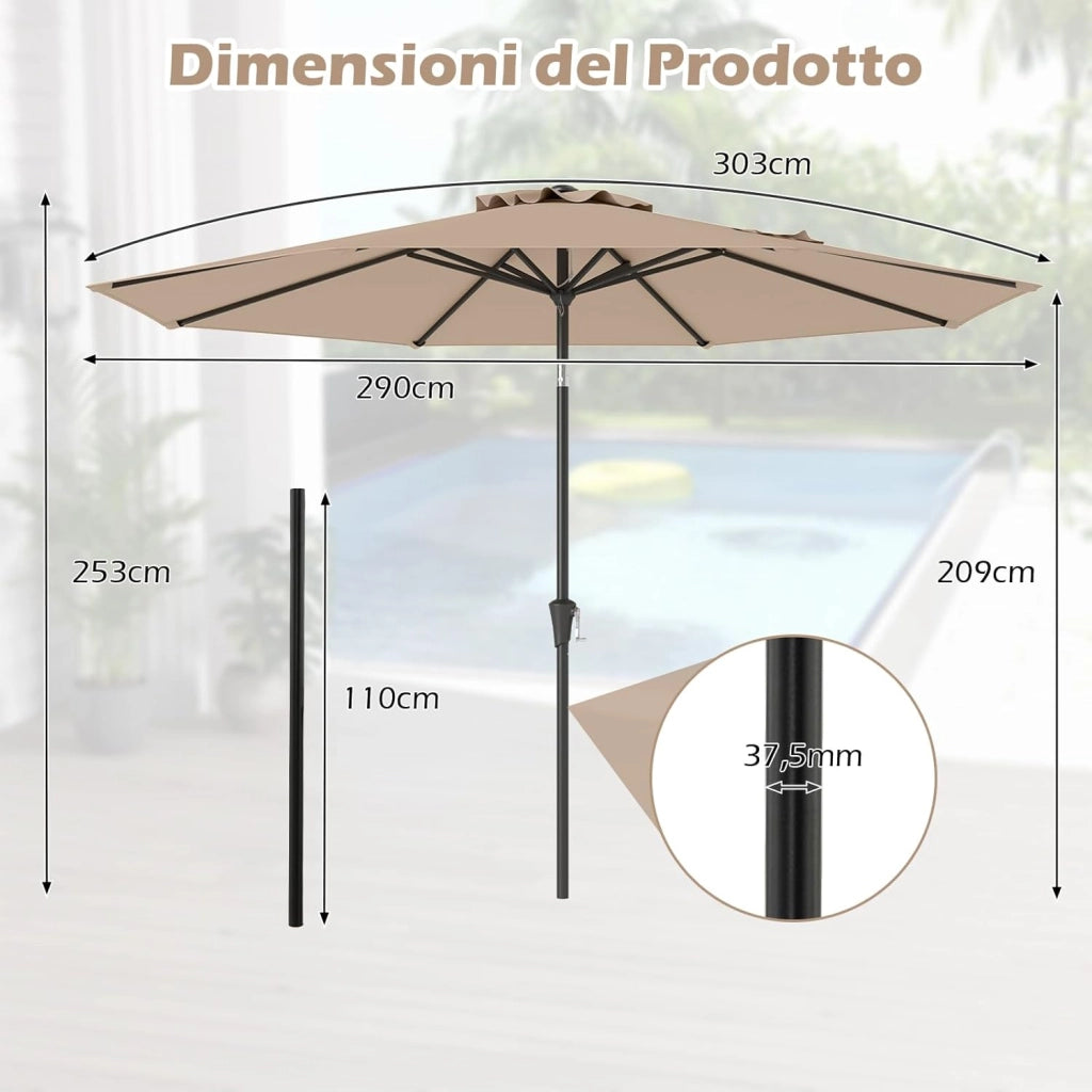 Ombrellone da Giardino, Diametro 290 cm, Ombrello da Spiaggia con Manovella e Inclinazione Regolabile, Ideale per Spiaggia, Balcone, Giardino (Beige)