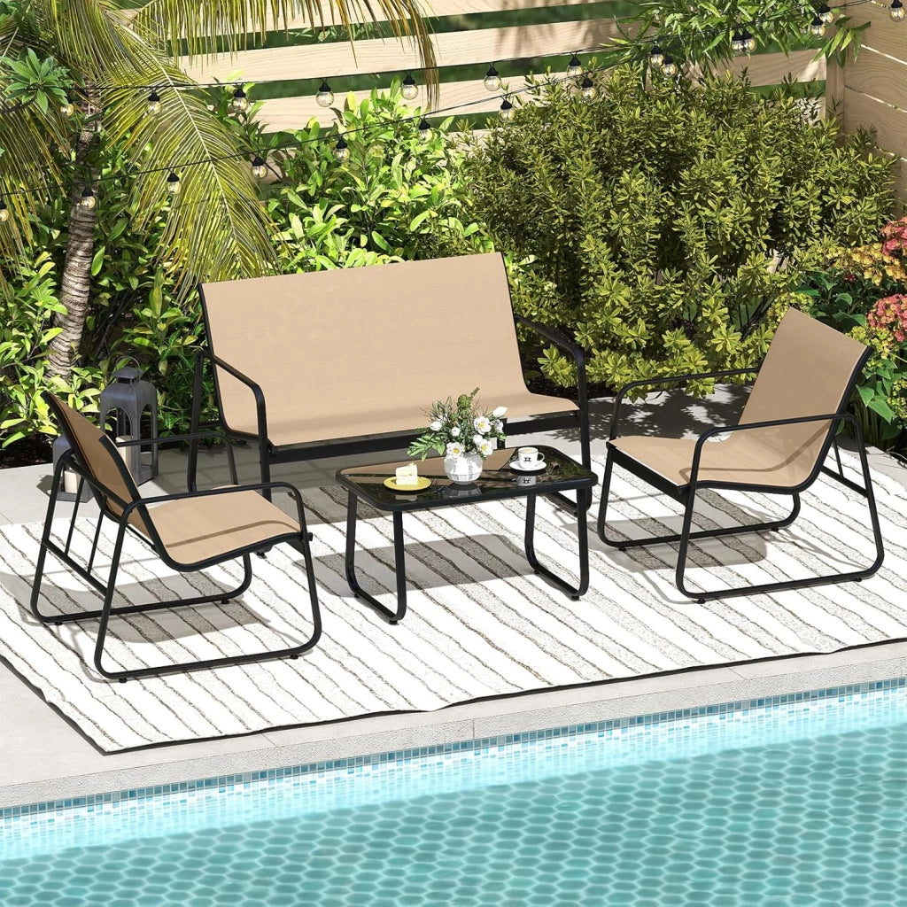 Set Tavolo e Sedie da Giardino 4 Pezzi, Tavolino in Vetro Portato 50 kg, Sedie Portata 150 kg, Panca Portata 300 kg, Set Bistro in Tessuto Textilene, per Cortile Terrazza Piscina (Marrone)
