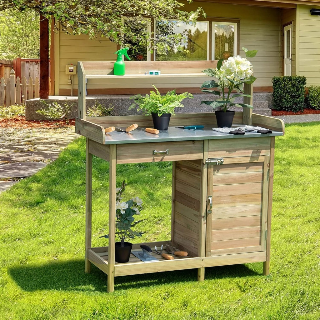 Tavolo Lavoro per Giardinaggio per Piante in Legno di Abete, Banco da Giardino con Cassetto, Armadietto, Mensola Aperta e 3 Ganci, Tavolo di Giardinaggio, 112 x 46 x 125 cm, Naturale