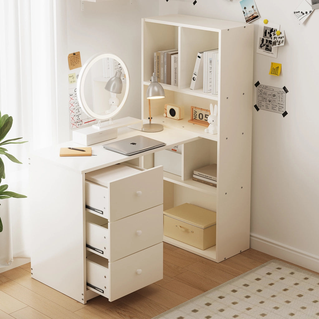 Scrivania angolare con libreria 4 ripiani e 3 cassetti per home office in legno bianco 117 × 63 × 135 cm