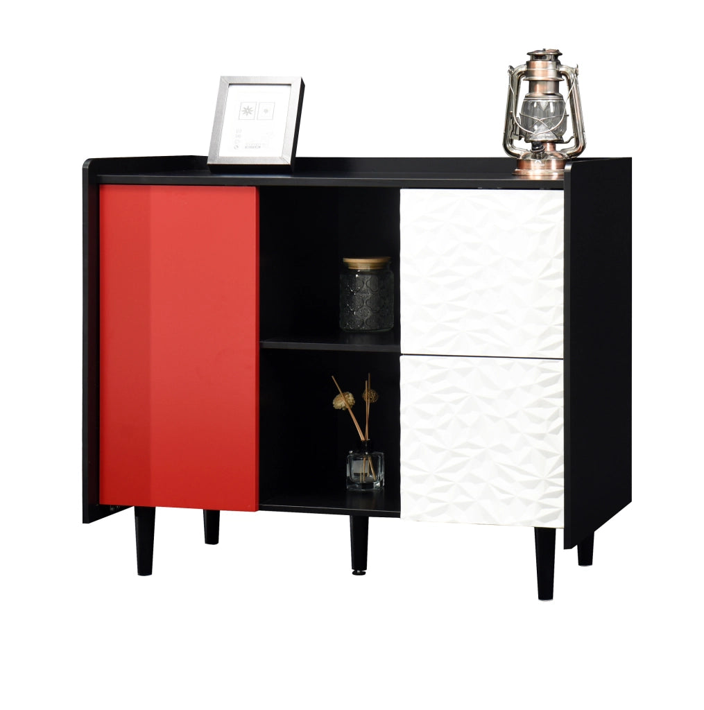 Credenza sideboard in MDF nero e rosso 90x40x80 cm con 2 cassetti e vano aperto