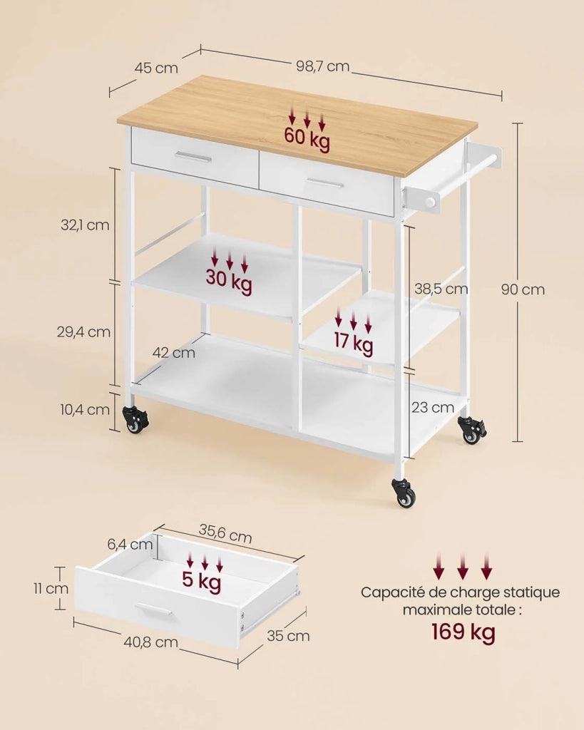 Carrello da cucina su ruote isola cucina mobile 45 x 60 x 90 cm con cassetto e 2 ganci per sala da pranzo rovere beige e bianco opaco 12_0008028