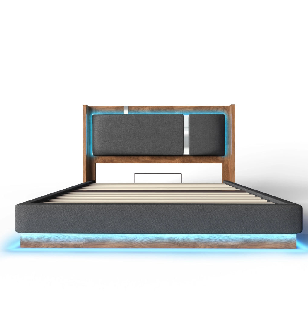 Letto matrimoniale 199x156x110 cm con LED e contenitore; in lino; legno e metallo grigio e noce