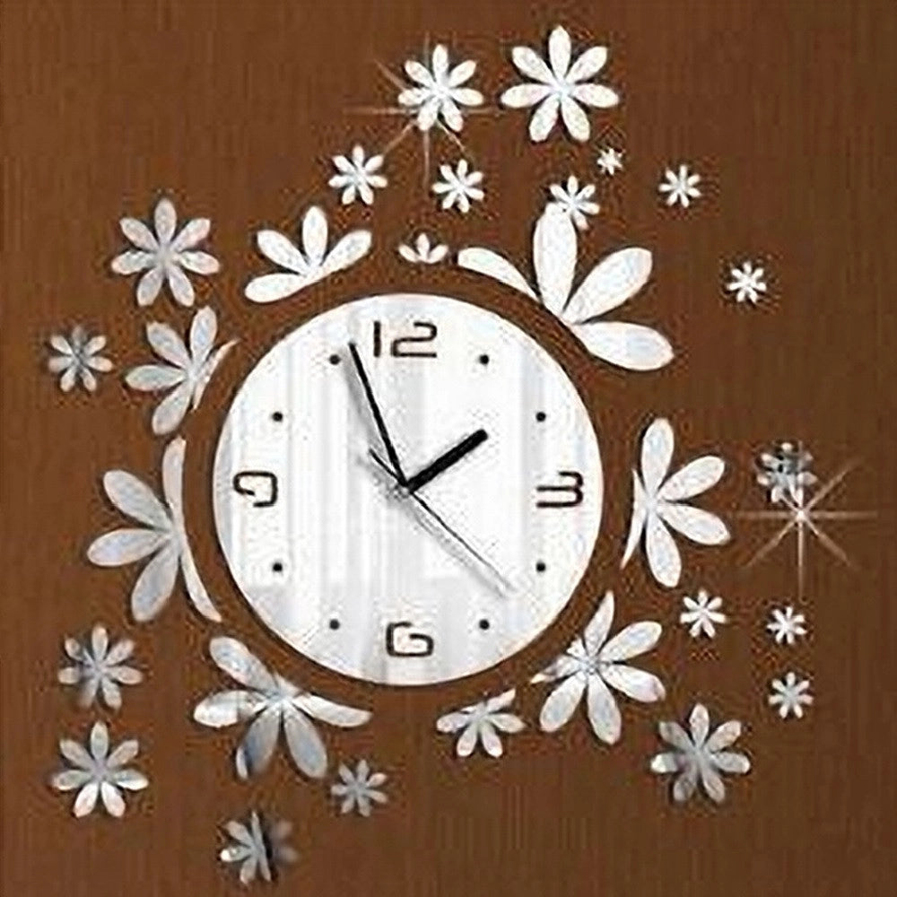 Trade Shop - Orologio Da Parete Moderno Adesivo 3d Con Fiori Erba A Muro Effetto Specchio -