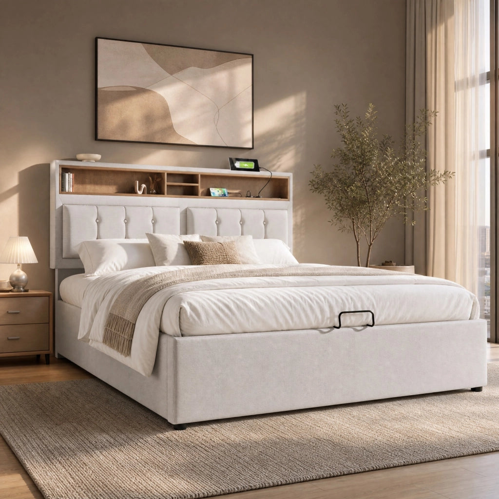 Letto matrimoniale imbottito 140x200 cm con testiera regolabile; USB e contenitore; beige