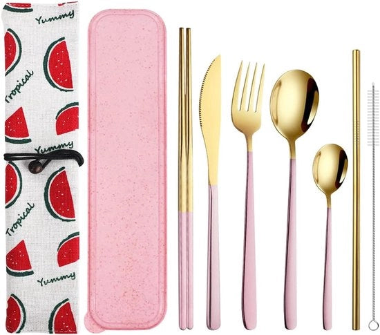 Set di Cucchiaini Portatile - Forchetta, Cucchiaio, Coltello, Spiedini e Stuzzoli in Acciaio Inossidabile - Pennello di Pulizia - Kit di Pic-Nic per Campeggio - Rosa