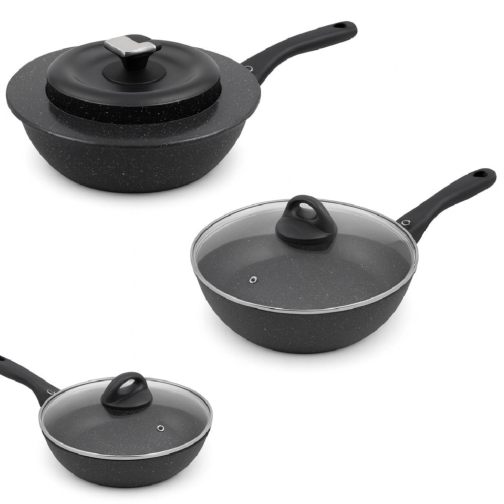 Set Padelle Alte 6pz Pietra con Coperchio Magico Antiodore Padelle 20 24 28 cm Induzione