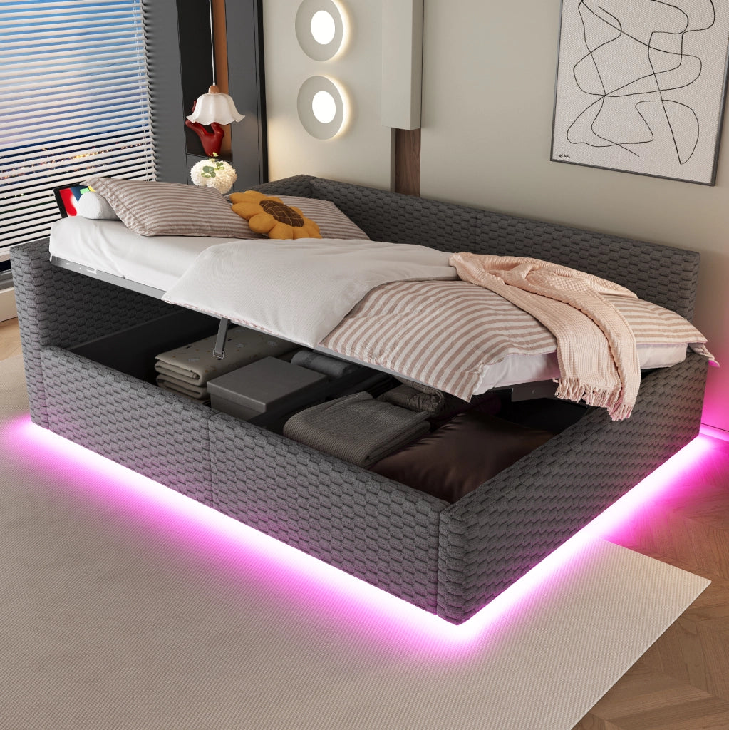 Letto imbottito 140x200 cm grigio in velluto con LED e ricarica USB-C