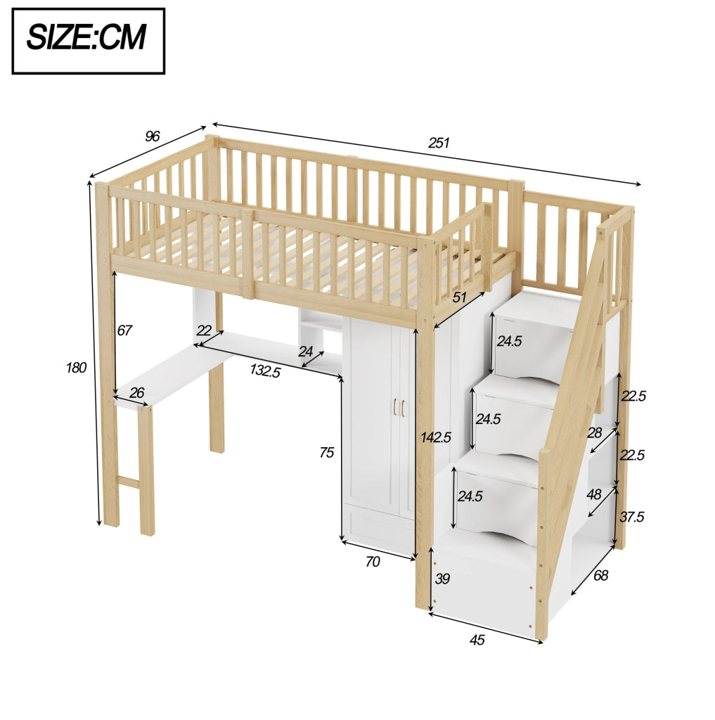Letto a soppalco 90×200 cm con armadio, scrivania, scaffale e scala contenitore