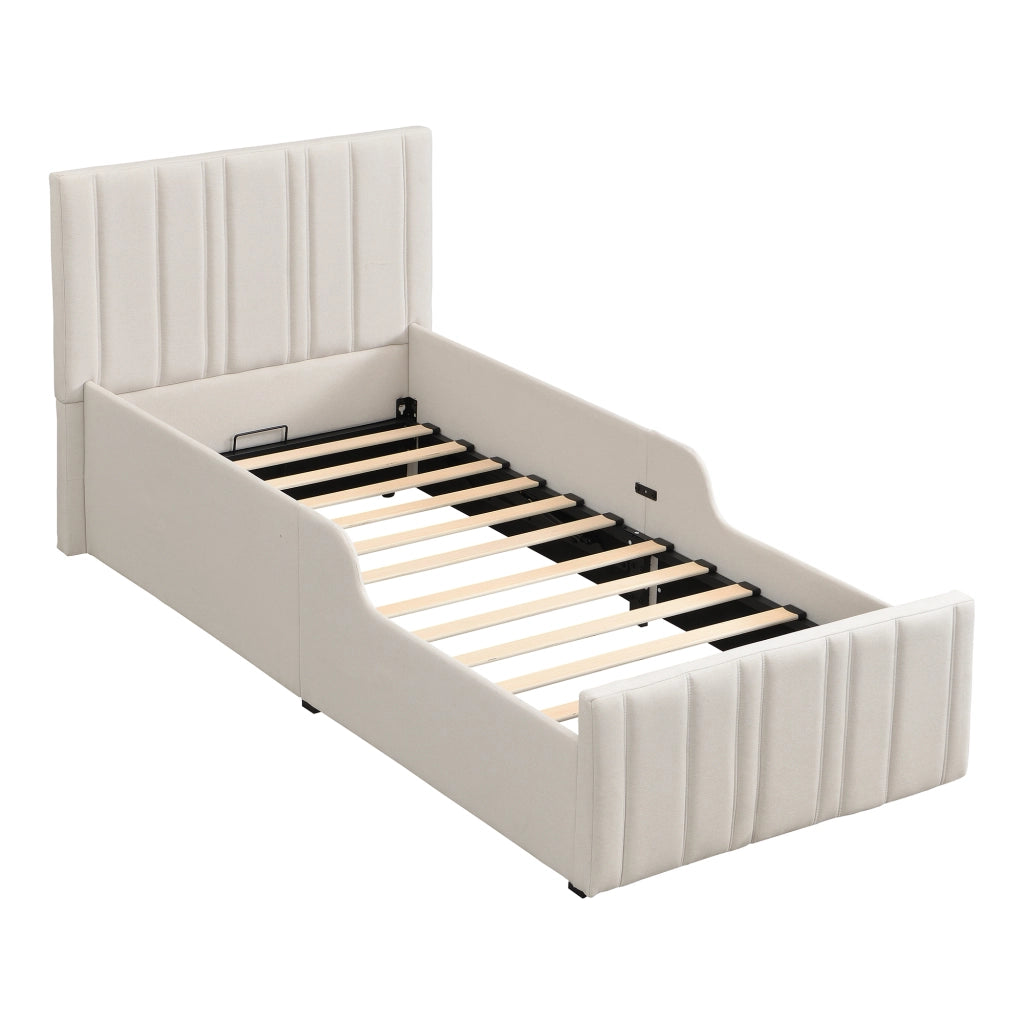 Letto per bambini 90 x 200 cm, con contenitore, testiera imbottita, tessuto di lino, beige